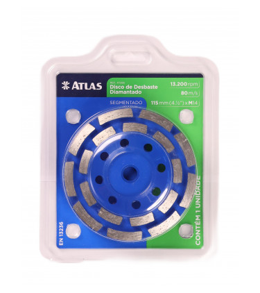 Indicado para uso en amoladoras angulares de 115 mm (4½”). Apto para desbaste de concreto, albañilería, mármol, granito y piedras decorativas.
