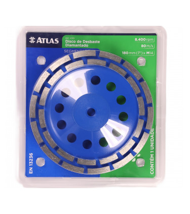 Está indicado para uso en amoladoras angulares de 180 mm (7”). Úselo para desbastar concreto, albañilería, mármol, granito y piedras decorativas.