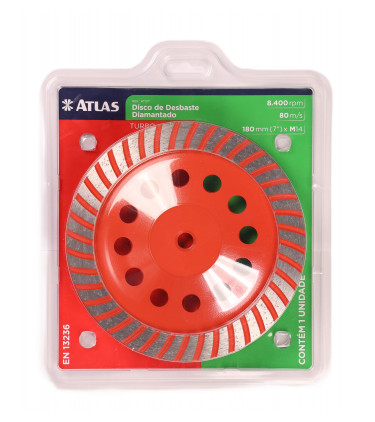 Está indicado para uso en amoladoras angulares de 180 mm (7”). Úselo para desbastar concreto, albañilería, mármol, granito y piedras decorativas.
